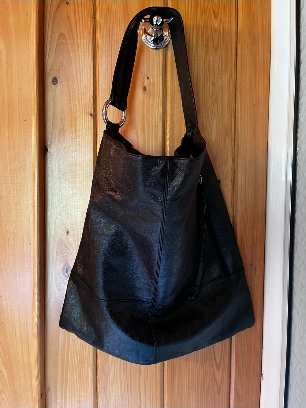 HOBO Black Leather Shoulder Bag with Ring Detail